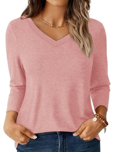 GKBK Womens Tops 3/4 Sleeve Shirts V Neck Casual Blouses Basic Loose Fit Pullover Tshirts Dusty Pink M - Image 1