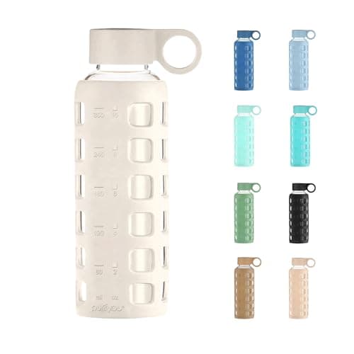 purifyou 40oz / 32oz / 22oz / 12oz Borosilicate Glass Water Bottle with Time & Volume Markers, Silicone Sleeve, Stainless Steel Lid | Reusable Glass Bottle for Water & Juice (12oz Pearled Ivory) - Image 1
