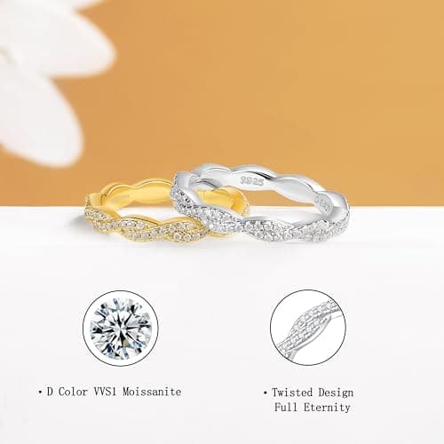 SILVERNANA Moissanite Wave Twisted Wedding Band for Women, White Gold Plated Sterling Silver Twisted Vine Pave Stackable Eternity Ring Size 7 - Thumbnail 2