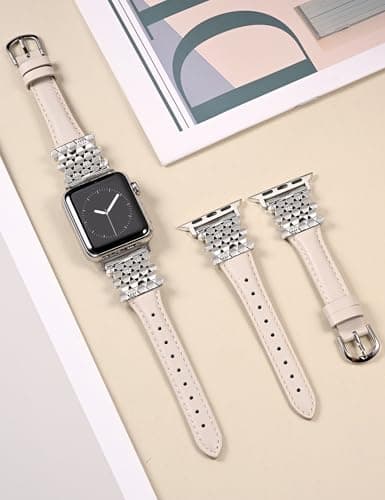 Wearlizer Leather Band Compatible with Apple Watch Bands Women 42/44/45/46/49mm, Dressy Fancy Interlocking Hexagon Buckle Strap for iWatch Series 11 10 9 8 7 6 5 4 3 SE/Ultra 3 2 1-Starlight/Silver - Thumbnail 3