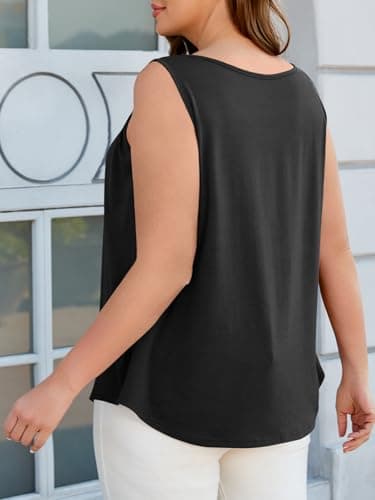 Beautife Women Plus Size Sleeveless Tank Tops Loose Fit Smocked Crew Neck Summer Casual Curved Hem Tunic Tees Black - Thumbnail 6