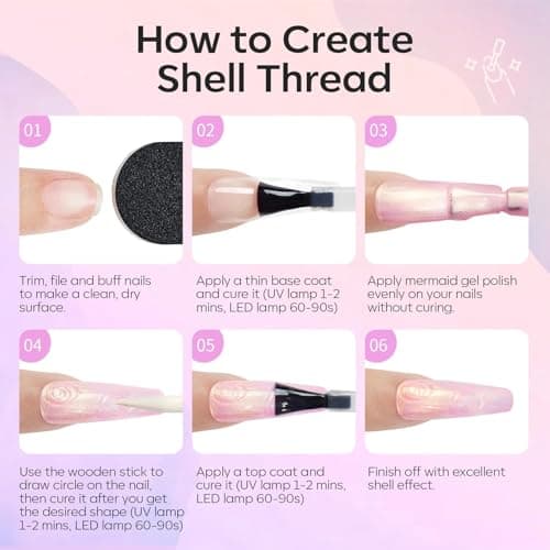 Modelones Gel Nail Polish, 6 Colors 2026 Spring Pastel Shimmer Pearl White Pink Purple Mermaid Nail Drawing Glitter Gel Polish with Dotting Pen Soak Off LED Swirl Shell Thread Effect DIY Nail Art Gift - Thumbnail 6