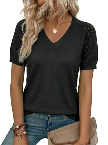 LaGracia Puff Short Sleeve Sweater for Women Summer Puff Sleeve Sweater Tops Spring V Neck Cauasl Dressy Shirts Cute 2026 Black L - Image 1