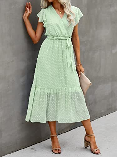 BTFBM Women Summer Bohemian Floral Casual Wrap V Neck Ruffle Cap Sleeveless Belt A-Line Pleated Hem Swing Midi Sun Dress (Swiss Dot Light Green, m) - Thumbnail 3