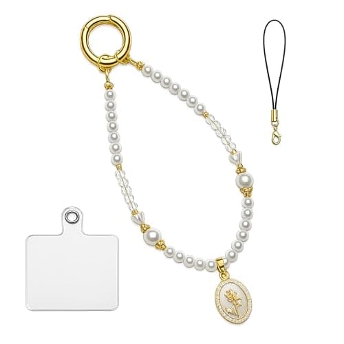 TIANTAIYUE Beaded Phone Charm Strap for Women, Aesthetic Crystal Glass & Pearl Wrist Lanyards, Universal Anti-Lost Detachable Cell Phone Chain for Smartphone Case, Camera, Keys, Gift for Her - Image 1