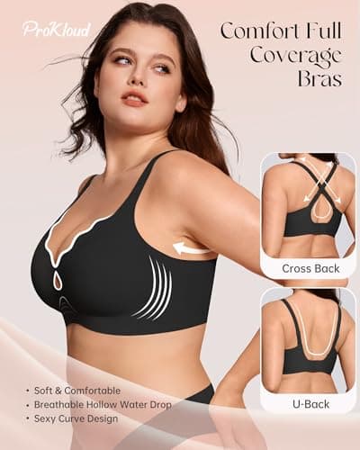 ProKloud Wireless Bras for Women Wave Push Up No Underwire Bralettes Seamless Full Coverage Support Lift Everyday Bra Black - Thumbnail 2
