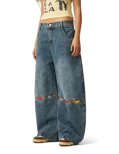 Aelfric Eden Dachshund Embroidery Baggy Barrel Jeans Wide Leg Y2K Denim Pants Straight Loose Jeans Streetwear Unisex Blue 28 - Thumbnail 4