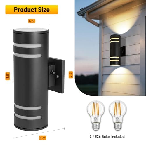 Tesjaso Modern Outdoor Wall Sconce with Dusk to Dawn Sensor, Up Down Exterior Light Fixture, Waterproof Outdoor Light Fixtures Wall Mount for Porch, Garage, Patio - E26 Base, Black Aluminum - Thumbnail 3