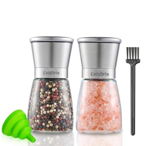 Premium Salt and Pepper Grinder Set of 2, Refillable Stainless Steel Spice Shakers with Adjustable Coarseness, Easy Clean Durable Ceramic Mills, Include Silicone Funnel & Cleaning Brush (5.3"H-2 Pack) - Image 1