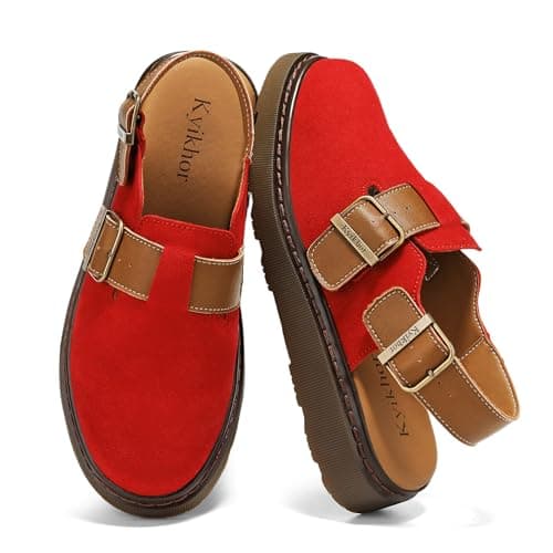 KYIKHOR Women's Suede Leather Loafer Slip-Ons|Genuine Suede Clogs for Women|Comfort Footbed Leather Mules Potato Shoes with Back Strap|Cute Office Casual Dress Shoes Red,10 M US - Image 1