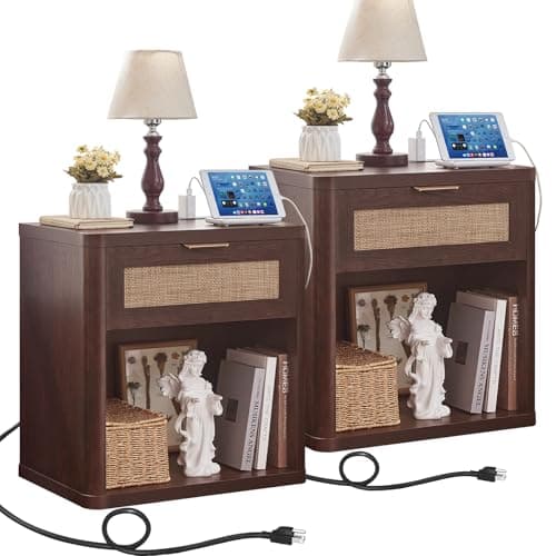 LEYAOYAO Rattan Nightstands Set of 2 with Charging Station, 23" Wide Boho Night Stand with Drawer, Walnut Bedside Table Open Cabinet, Bed Side End Table Dresser for Bedroom, Living Room, Hallway