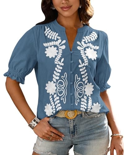 BTFBM Women's 2026 Spring Tops Casual Floral Boho V Neck Puff Short Sleeve Button Down Shirts Embroidered Blouses Tunic(Floral Grey Blue White, XX-Large) - Image 1