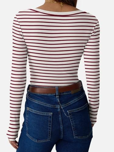GKBK Womens 3/4 Sleeve Scoop Neck Tops Ribbed Knit Slim Fitted Casual Basic Tee Shirts 2026 Fall Summer Fashion Trendy Work Casual T-Shirt Undershirts Layering Clothes Burgundy White Stripe M - Thumbnail 4
