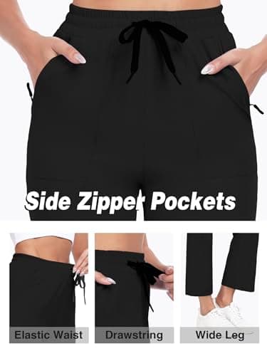 AGVNG Wide Leg Pants Woman Casual Pants Lightweight Elastic Waist Drawstring High Waisted Travel Work Lounge Comfy Trousers Pants with Zipper Pockets Black S - Thumbnail 6