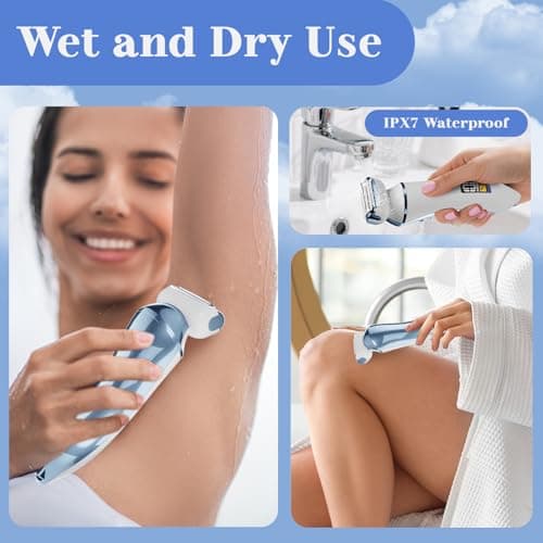 4 in 1 Electric Shaver for Women with Facial Brush, Electric Razor for Legs Underarm Pubic Hair, Bikini Trimmer IPX7 Portable Body Hair Removal, Wet & Dry Use, Rechargeable Grooming Kit, Light Blue - Thumbnail 3