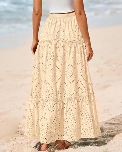 BTFBM Boho Long Skirts for Women Spring Summer 2026 Lace Embroidery High Waist Flowy Tiered Maxi Skirt Beach Vacation(Beige, Medium) - Thumbnail 3