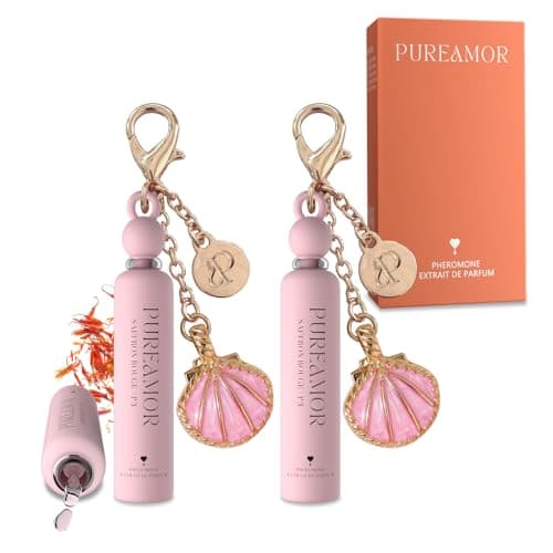 PUREAMOR Pheromone Perfume for Women, Saffron Rouge 2-Pack Keychain Perfume – Warm Spicy Scent with Saffron, Amberwood & Cedarwood, Long Lasting Eau de Parfum, 0.07 oz / 2 ml Each - Image 1