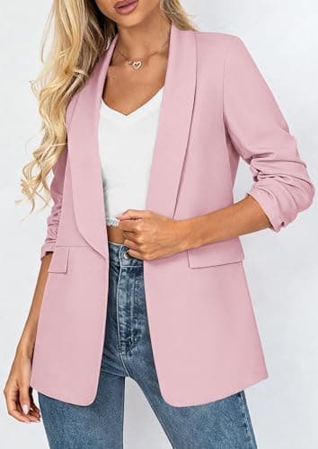 PRETTYGARDEN Women's 2026 Spring Blazers Business Casual Outfits Open Front Ruched 3/4 Sleeve Lightweight Work Suits Jackets (Pink,X-Small) - Thumbnail 6