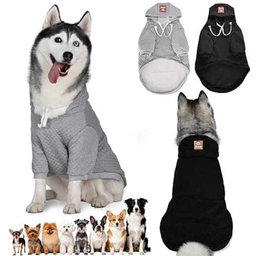 2 Pack Dog Hoodie for Medium Large Small Dogs, Soft Warm Dog Sweater Jackets Winter Fall Pet Hooded Clothes Custume Dogs Sweatshirt with Leash Hole and Pocket, Black ans Grey, ML