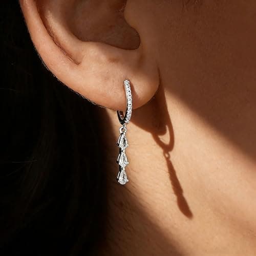 Dangle Earrings for Women Silver Diamond Hoop Earrings Dainty Cubic Zirconia Drop Earring Wedding Jewelry for Brides - Thumbnail 3