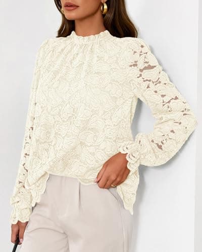 KIRUNDO Blouses for Women Dressy Casual Lace Long Sleeve Tops Mock Neck Ruffle Shirts 2026 Spring Fall Fashion Clothing(Apricot, Small) - Thumbnail 5