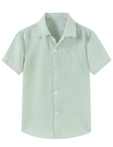 Cozople Boys Button Down Short Sleeve Shirts Lightweigh Soft Seersucker Shirt with Curved Hem Hawaiian Aloha Tops Cusual Chest Pockets Green Stripe - Image 1