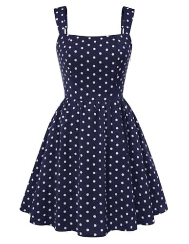 Belle Poque Fit and Flare Dress for Women Mini Short Polka Dot Dress Square Neck Sleeveless Navy Blue Sundresses L - Image 1