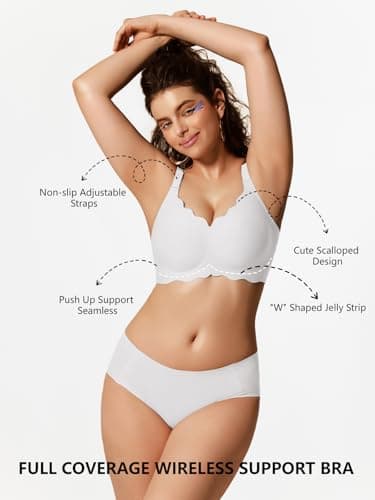 COCOMARTS Jelly Bras for Women No Underwire Scalloped Push Up Wireless Bralettes Seamless Soft Comfort Everyday Tshirt Bra White XX-Large - Thumbnail 5