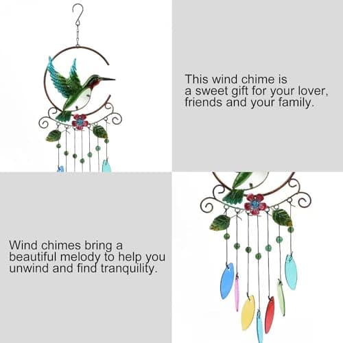 Wind Chimes Hummingbird, Garden Glass Colorful Wind Chimes for Home, Party, Festival Decor, Garden Decoration Indoor/Outdoor, Lifelike Hummingbird Bell Deep Tone Style - Thumbnail 4