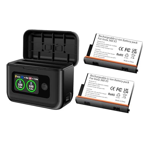 Runpower Insta 360 X5 Batteries (2 Packs) with Fast Charge Hub Dual Fast Charging Case w/LCD Display, Intelligent Charger Hub for Insta360 X5, Shows Battery SOC (Battery*2 and Charger*1) - Image 1