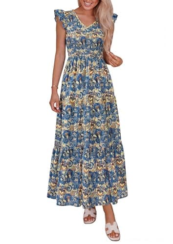 PRETTYGARDEN Women's Boho Floral Maxi Dress 2026 Summer Smocked V Neck Ruffle Sleeve Spring Flowy Beach Vacation Sundresses (Blue Floral,X-Large) - Image 1