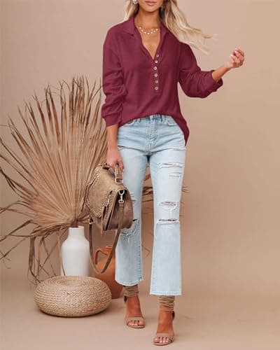 BTFBM Women Casual Button Down Fall Blouses 2025 Long Sleeve Solid Business Work Tops Cute Relaxed Fit Shirts(Solid Wine Red, Large) - Thumbnail 3