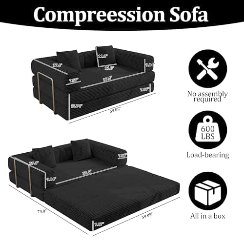 BSHOMGI 4 in 1 Futon Sofa Bed Queen Size - Foldable Convertible Sleeper Couch,Teddy Foam-Filled Compressed Couch Removable Corduroy Cover, Space Saving Sofas for Bedroom & Dorm (Black, 59” 2 Seat) - Thumbnail 2