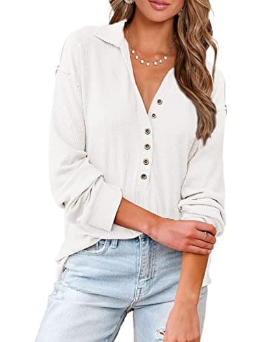 BTFBM Women Casual Button Down Fall Blouses 2025 Long Sleeve Solid Business Work Tops Cute Relaxed Fit Shirts(Solid White, Small) - Image 1