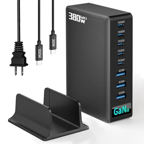 380W USB-C Charger Block, 8-Port USB-C Charging Station PD 30W + 100W PC Laptop, Fast Charging Hub with High-Power Fast Charging Cable for MacBook Pro/Air, DELL, iPad, iPhone, Samsung Galaxy Black