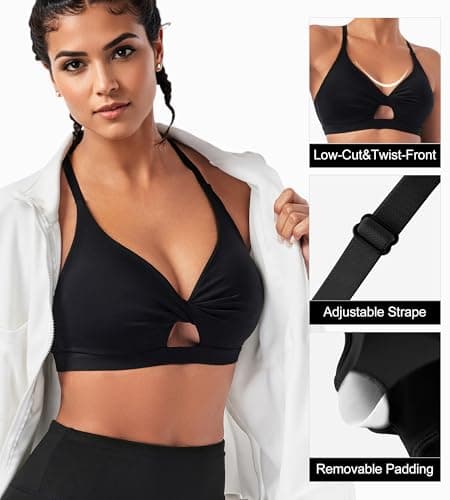 ULTREAGLE Padded Sports Bras for Women - Strappy Sports Bra Workout Tops for Women Twist Front Gym Tops Black and White - Thumbnail 2