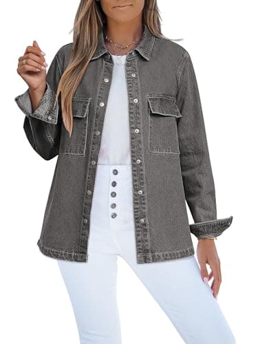 luvamia Womens Shacket Jacket Jeans Jacket For Women Fashion Gray Jean Outfits For Womens 2025 Oversized Button Down Shirts Fall Jackets For Womens Button Down Shirt Size XX-Large Size 20 22 - Image 1