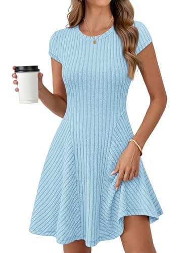 MEROKEETY Women's Summer Ribbed Mini Sweater Dress 2026 Spring Casual Crewneck Cap Sleeve Knit A Line Short Dresses, Blue, Small - Image 1