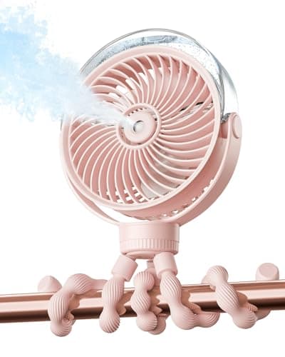 SWEETFULL Misting Stroller Fan – Portable Baby Fan with Spray Cooling, 4 Speeds, Quiet Rechargeable Fans for Travel, Outdoor, Golf Cart, Car Seat, Beach (Pink) - Image 1