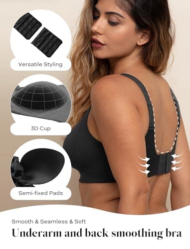 COMFELIE Seamless Wireless Full Coverage Minimizer Bra for Women, No Wire V-Neck Bralette for Big Bust with Adjustable Straps and Everyday Comfort Black - Thumbnail 5