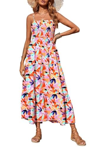 PRETTYGARDEN Floral Dress for Women 2025 Summer Maxi Long Dress Beach Trendy Outfits Spaghetti Strap Tiered Vacation Sundress (Red,XL) - Image 1