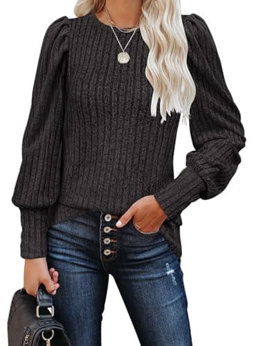 MIHOLL Long Sleeve Shirts for Women Casual Dressy Crew Neck Puff Sleeves Ribbed Fall Tunic Blouses(Dark Grey, medium) - Image 1
