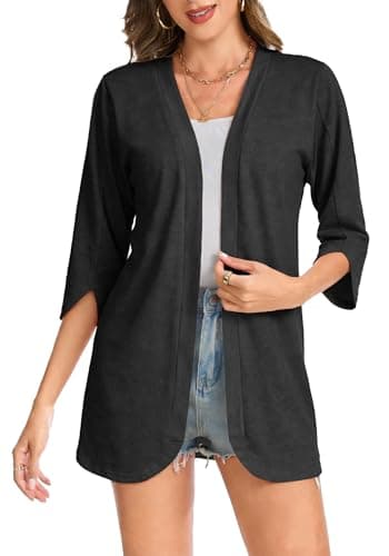 Bosmeer Vacation Outfits for Women Black Cardigan 3/4 Sleeve Petal Cuff Lightweight Swimsuit Cover Ups Beach Kimono XXL - Image 1