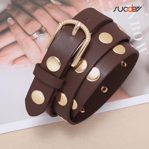 SUOSDEY Women Studded Belt Fashion Leather Belt Ladies Waist Belt Silver Gold Buckle Belt for Jeans Pants Dresses - Thumbnail 6