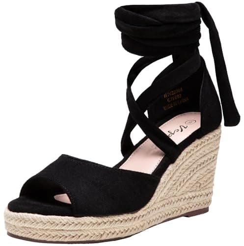Vepose Women's Black Platform Wedge Sandals Rome Espadrilles Open Toe High Heel Sandals for Women with Lace-Up Size 8.5M US (CJY882 Black 08.5) - Image 1