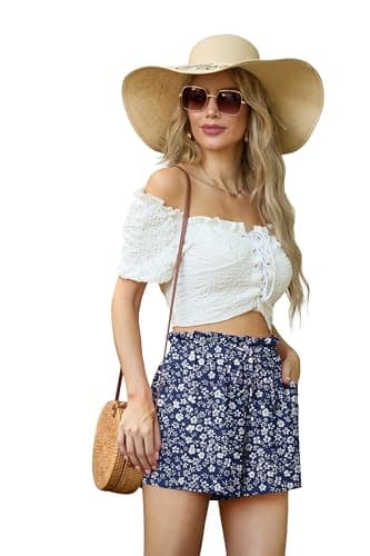 Womens Linen High Waisted Shorts for Summer with Adjustable Tie Knot Breathable Comfy Lightweight Floral Blue Size Small - Thumbnail 3