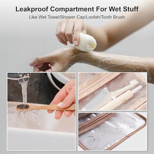 Everfun Hanging Toiletry Bag for Travel, 12x9x4.5 inch Large Capacity Cosmetic Organizer with Leakproof Wet/Dry Compartment, Waterproof Dopp Kit Toiletries Bag for Women Pink - Thumbnail 4