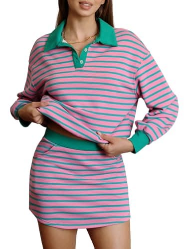 EXLURA Womens Two Piece Sets Cotton Striped Sweatshirt Matching Skirt Skort Tennis Vacation Cruise Outfits Travel Set 2026 - Image 1