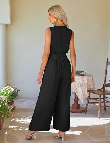 LOOKBOHO Women's Summer Jumpsuit Wide Leg Dressy Pants Casual One Piece Rompers V Neck Sleeveless Fashion Outfit(B,XL) - Thumbnail 3