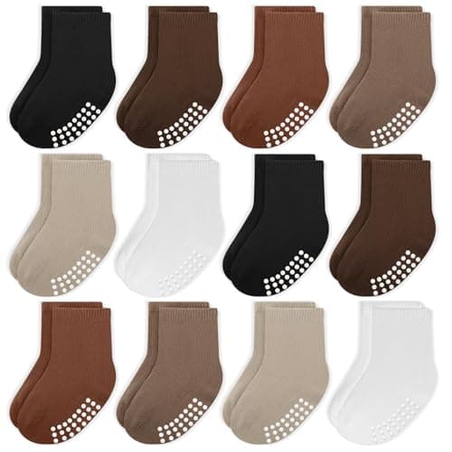 JAKIDAR 12 Pack Baby Toddler Socks Non Slip Grip Cotton Crew Socks for Boys Girls Infants Kids, Brown, 6-12 Months - Image 1